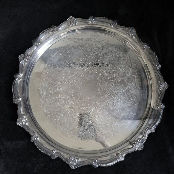 Extra Large Vtg Leonard Silverplate Ornate Round Serving Tray Scalloped Edges - Picture 1 of 10